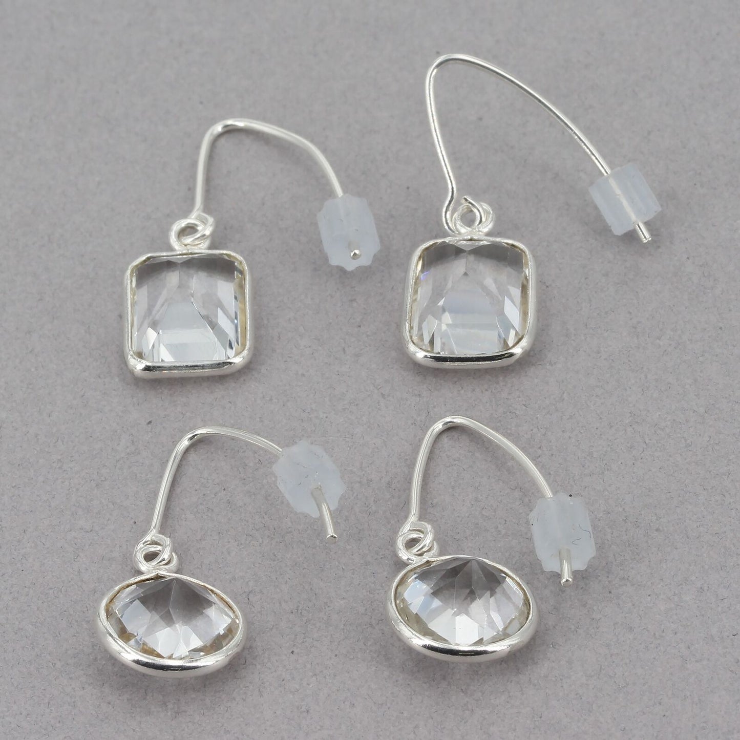 2 Pair Sterling Silver Herkimer Quartz Dangle Earrings ~ Round & Emerald Cut