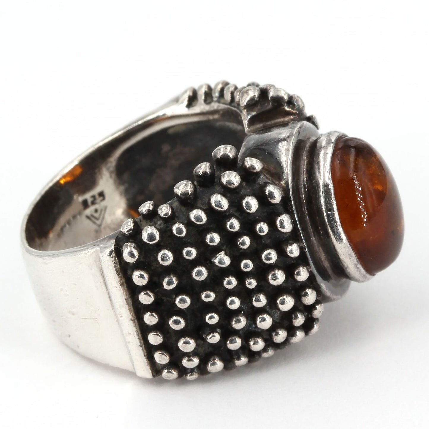 Vintage Silpada Oxidized Sterling Granulated Bead Texture Amber Ring R0893 Sz 6