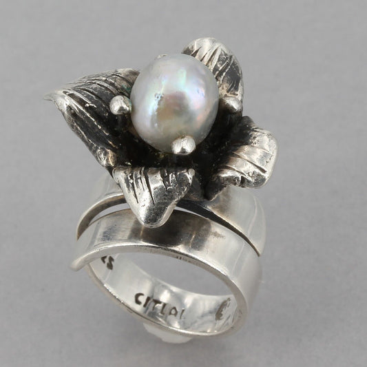 Unique CITLALI Handcrafted Mexican Sterling Pearl Wildflower Wrap Ring Size 4.75