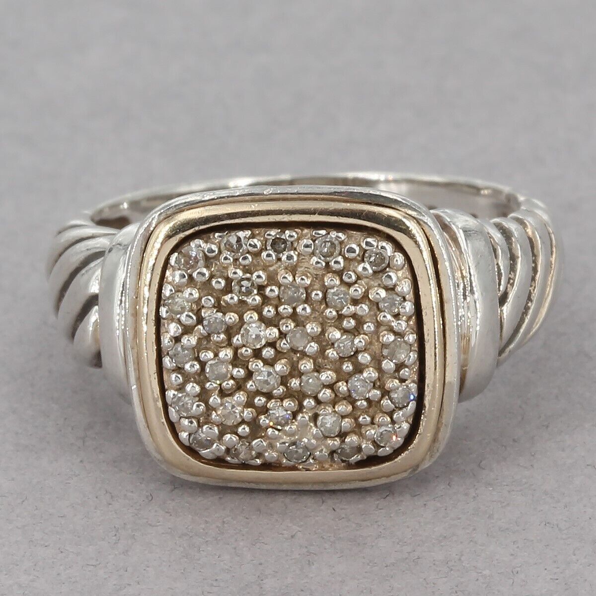 ATR Sterling Silver with 14K Yellow Gold Bezel Pave Diamond Ring Size 6.75