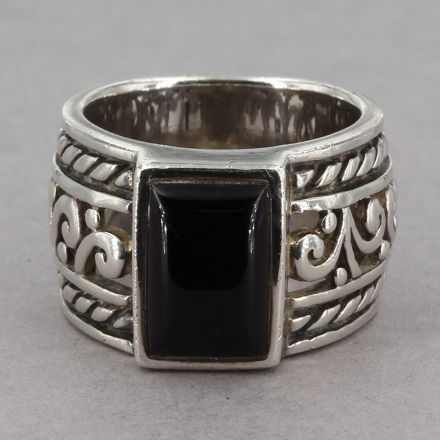 Vintage Silpada Sterling Silver Black Onyx Rope & Scroll Wide Ring R1096 Sz 9.5+