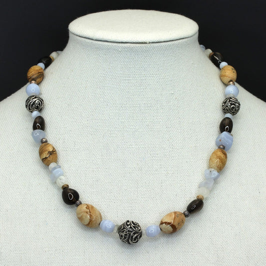 Carolyn Pollack Sterling Blue Chalcedony Lace Agate Jasper Quartz Bead Necklace