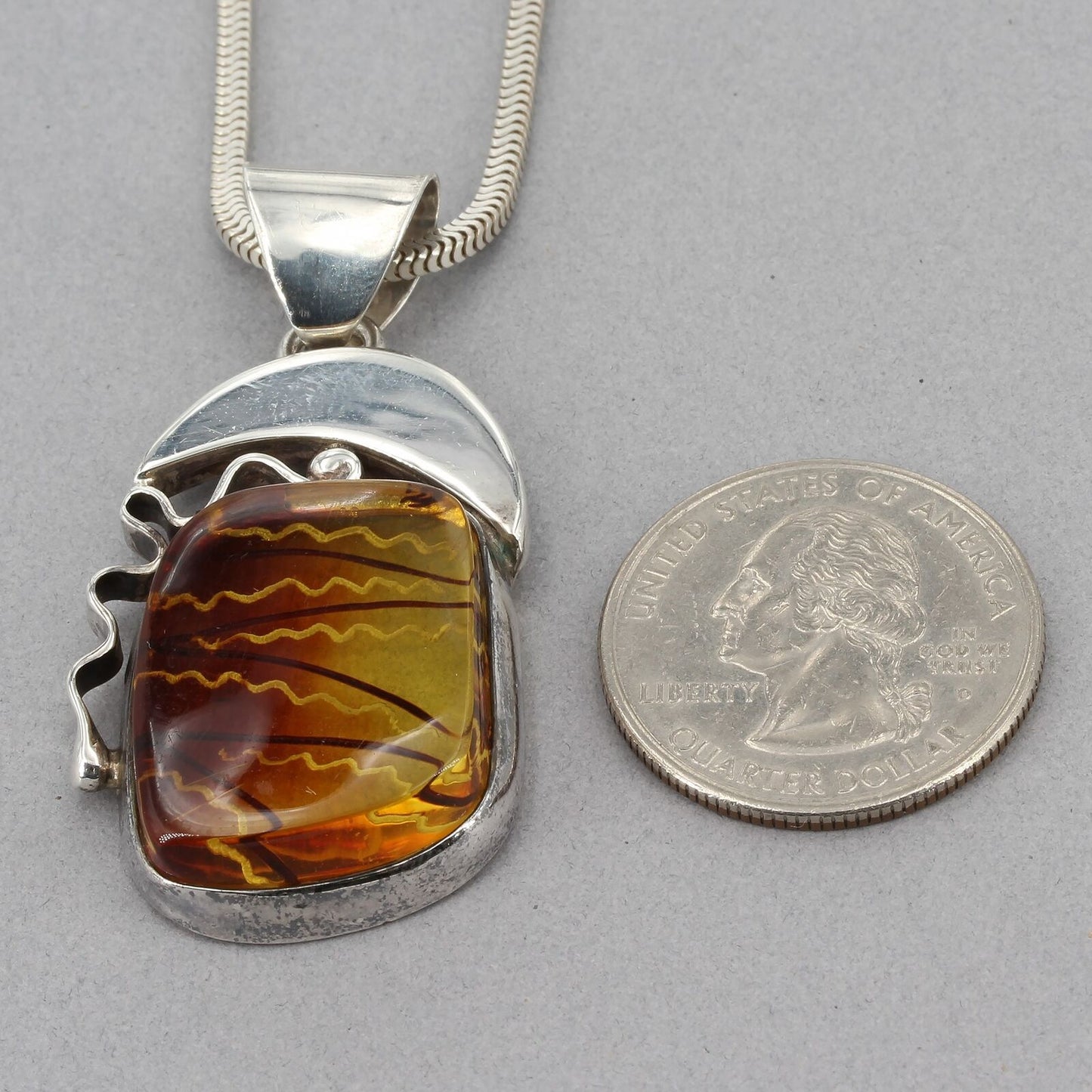 Unique Artisan Handcrafted Reverse Carved Baltic Amber Sterling Pendant Necklace