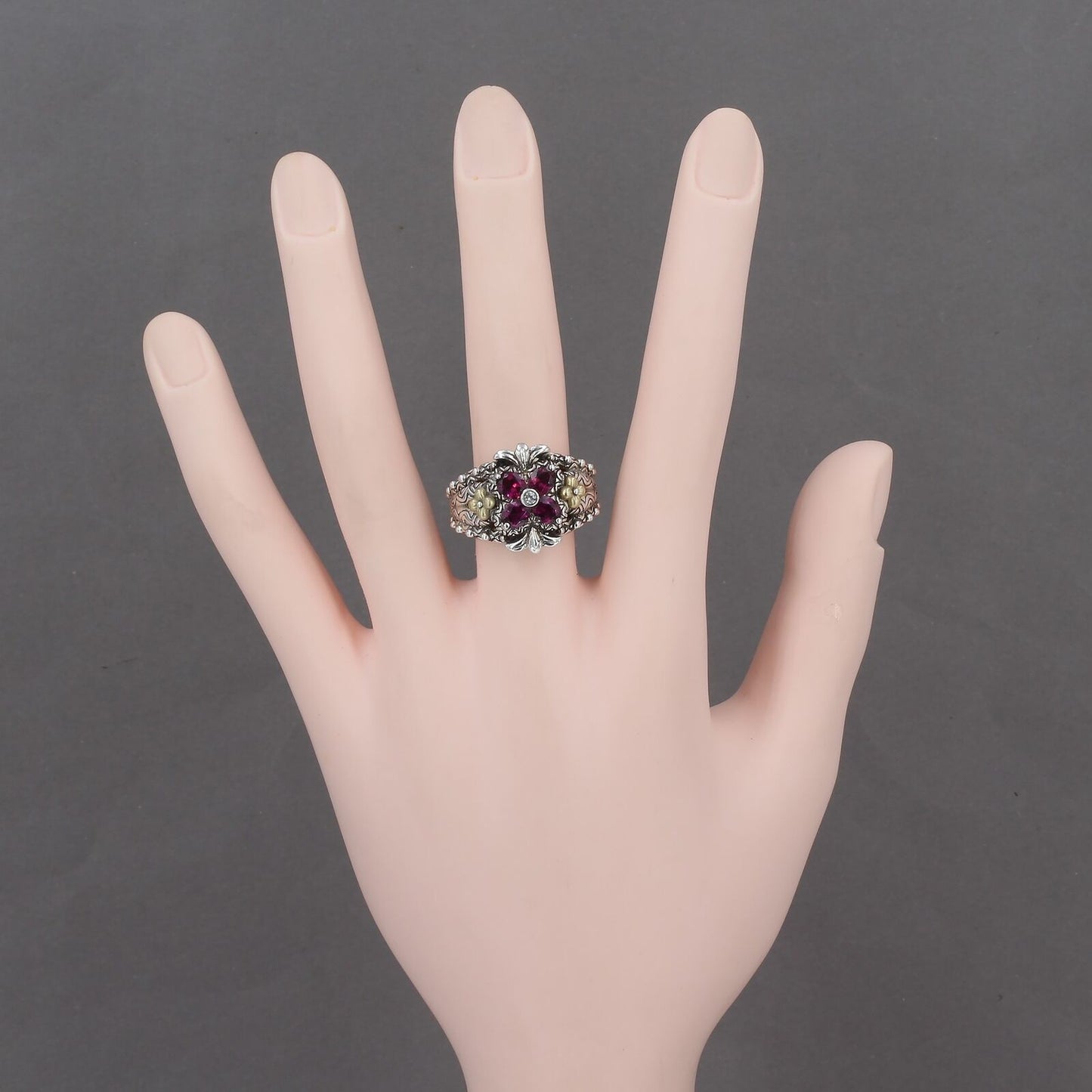 Barbara Bixby Sterling Silver & 18K Gold Rhodolite Garnet Lotus Flower Ring Sz 8