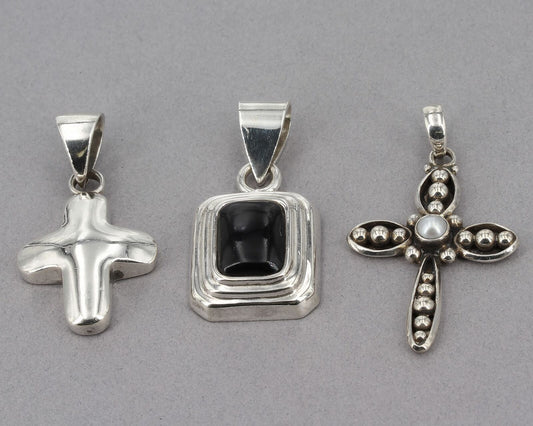 Lot of 3 Vintage Silpada Sterling Pendants Cross & Black Inlay S0113 S0971 S0437