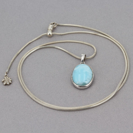 Marahlago Sterling Silver Larimar Oval Pendant Adjustable Snake Chain Necklace