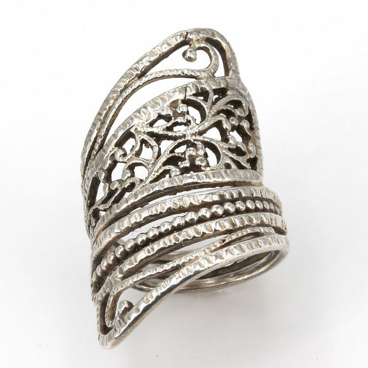 Or Paz Israel Textured Sterling Filigree Scroll Wide Wrap Bypass Ring Size 6.75