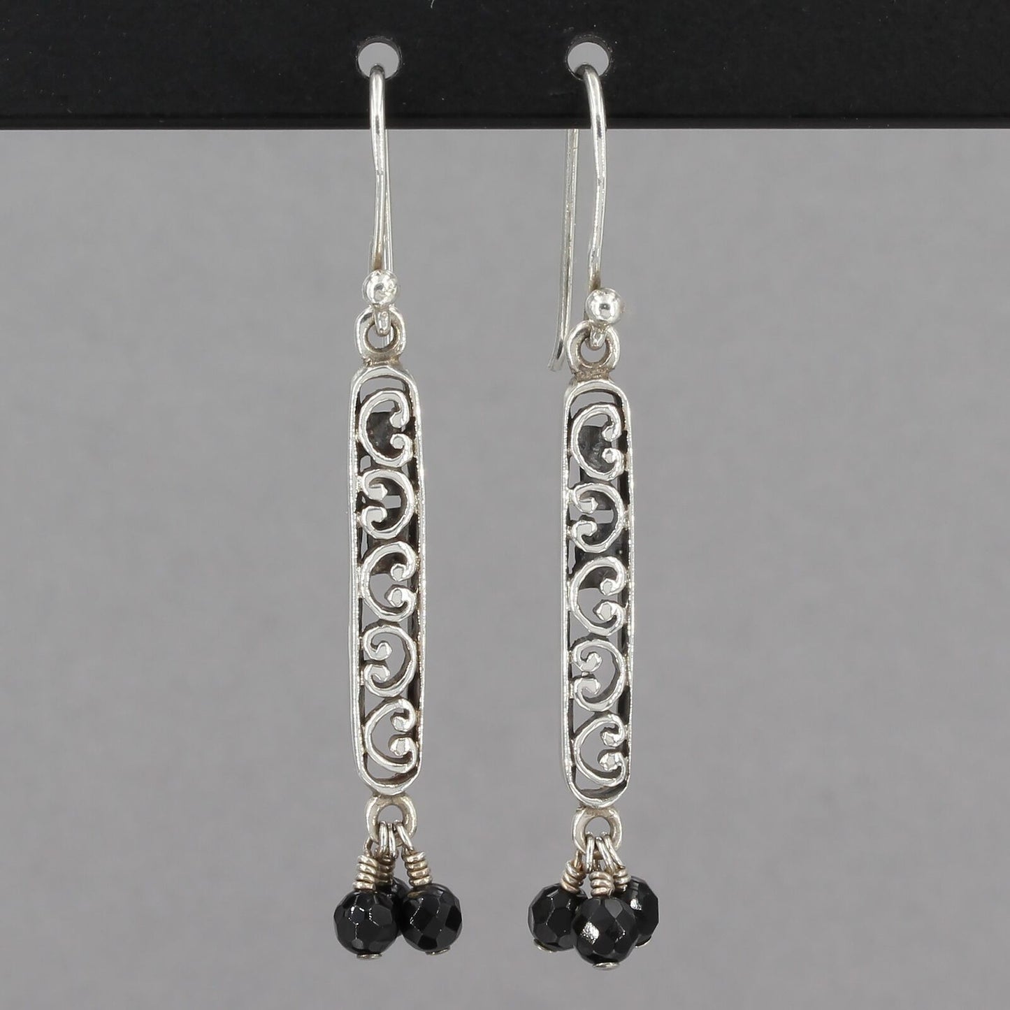 Vintage Silpada Sterling Filigree Scroll Bar Onyx Bead Dangle Earrings W1125 HTF