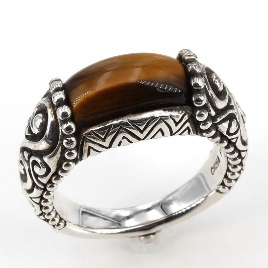 Barbara Bixby Oxidized Sterling Silver Tiger's Eye Scroll Design Ring Size 8.75+