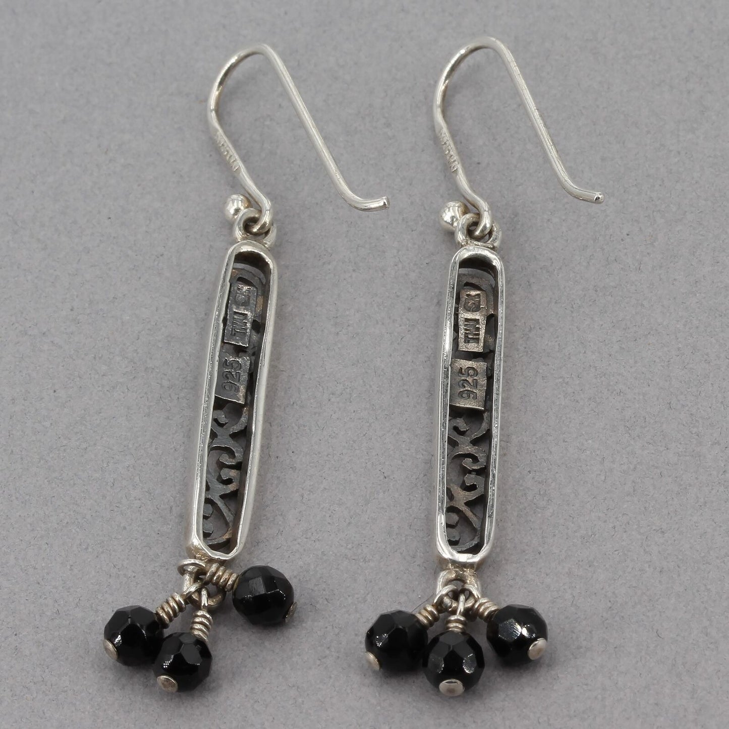 Vintage Silpada Sterling Filigree Scroll Bar Onyx Bead Dangle Earrings W1125 HTF