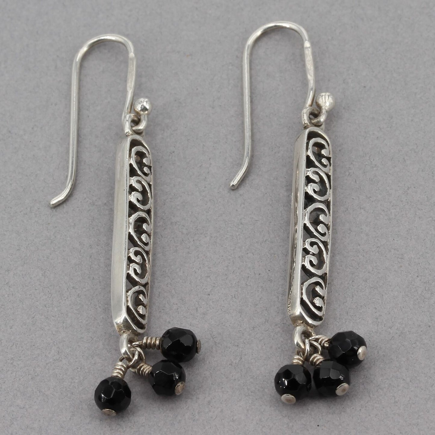 Vintage Silpada Sterling Filigree Scroll Bar Onyx Bead Dangle Earrings W1125 HTF