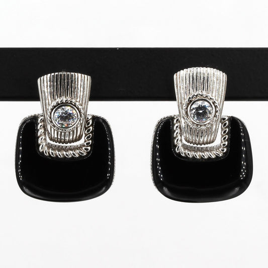 Judith Ripka Sterling Silver Black Onyx & CZ Omega Back Post Drop Earrings