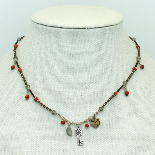 Retired Silpada Sterling Brass Coral Glass Bead KEY TO YOUR HEART Necklace N2203