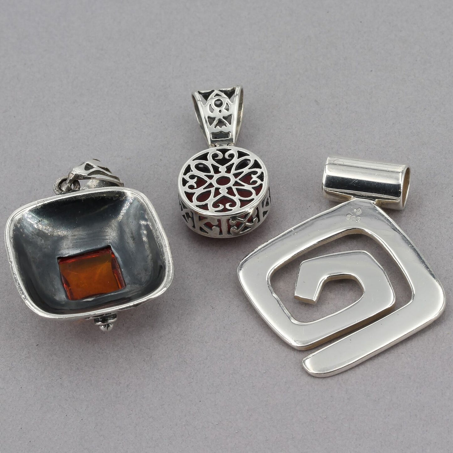 Lot of 3 Retired Silpada Sterling Pendants Red Inlay Geometric Maze Amber Scroll