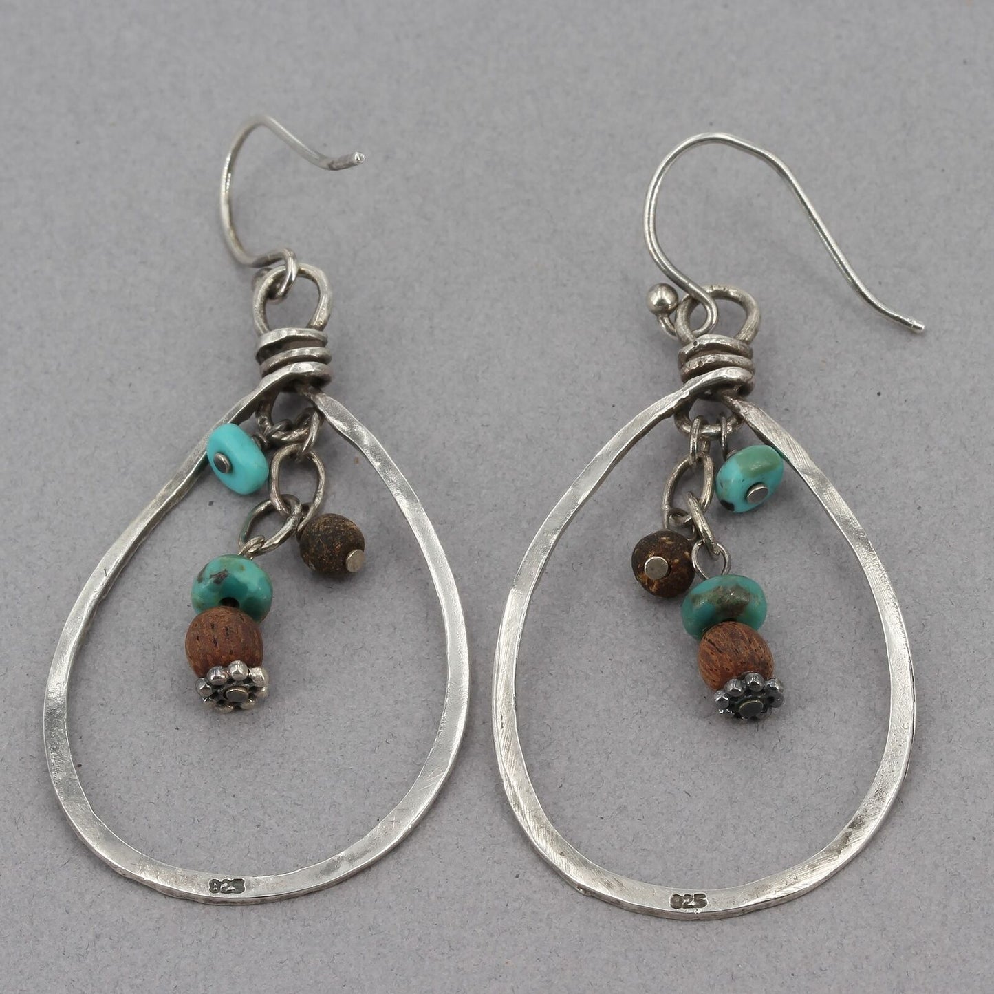 Retired Silpada Sterling Turquoise & Wood Beaded Teardrop Dangle Earrings W1348