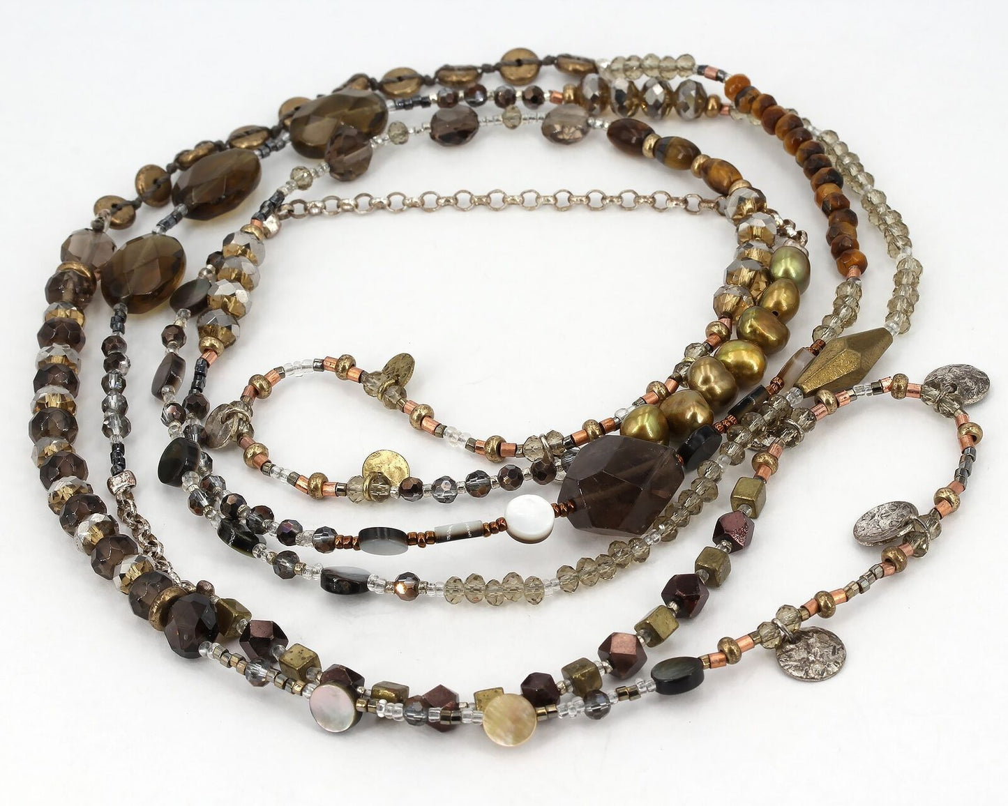 Retired Silpada Sterling Brass Pearl Tiger's Eye Bead 54" HARVEST Necklace N3108