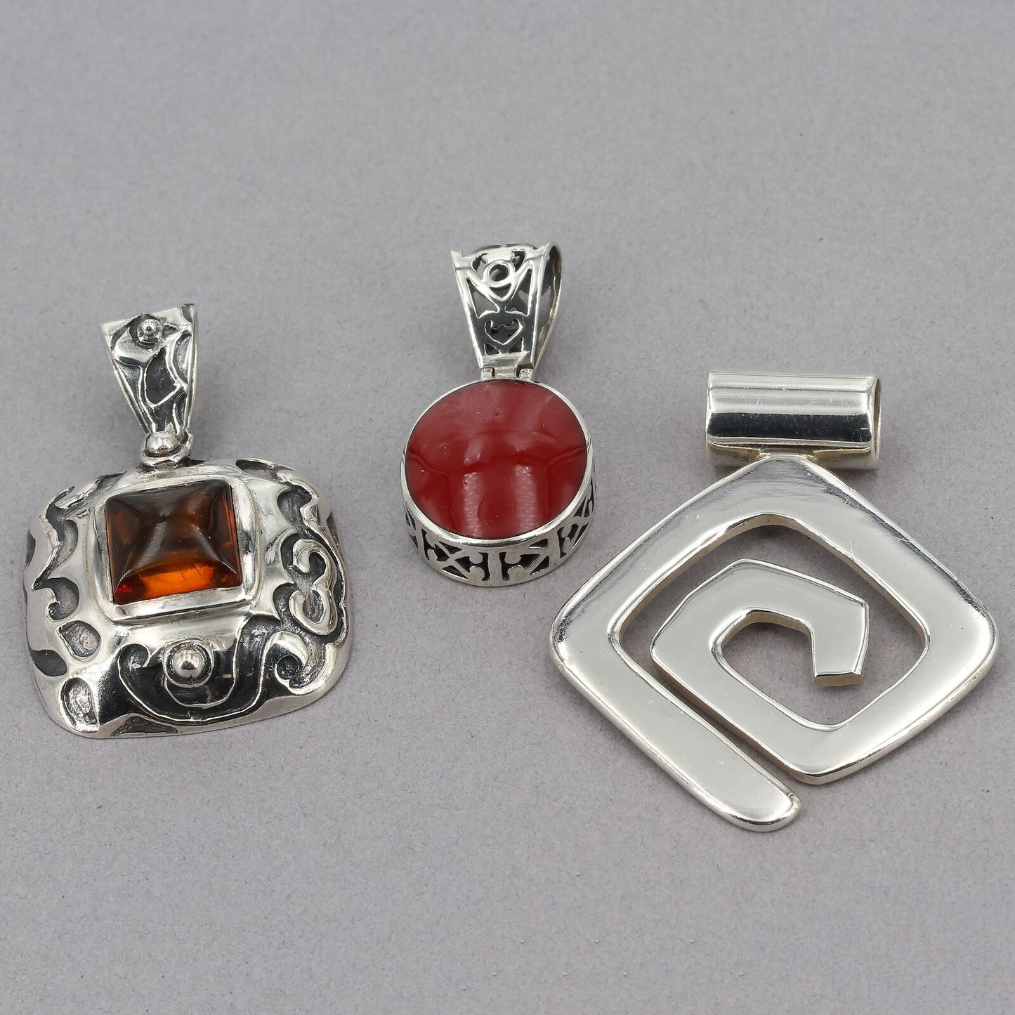 Lot of 3 Retired Silpada Sterling Pendants Red Inlay Geometric Maze Amber Scroll