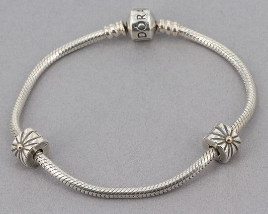 Pandora Bracelet with 2 Retired Sterling Silver & 14K Gold Sunburst Clips 790216