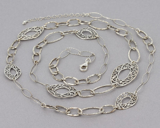 Artisan Handcrafted Long Hammered Sterling Chain Filigree Link Station Necklace