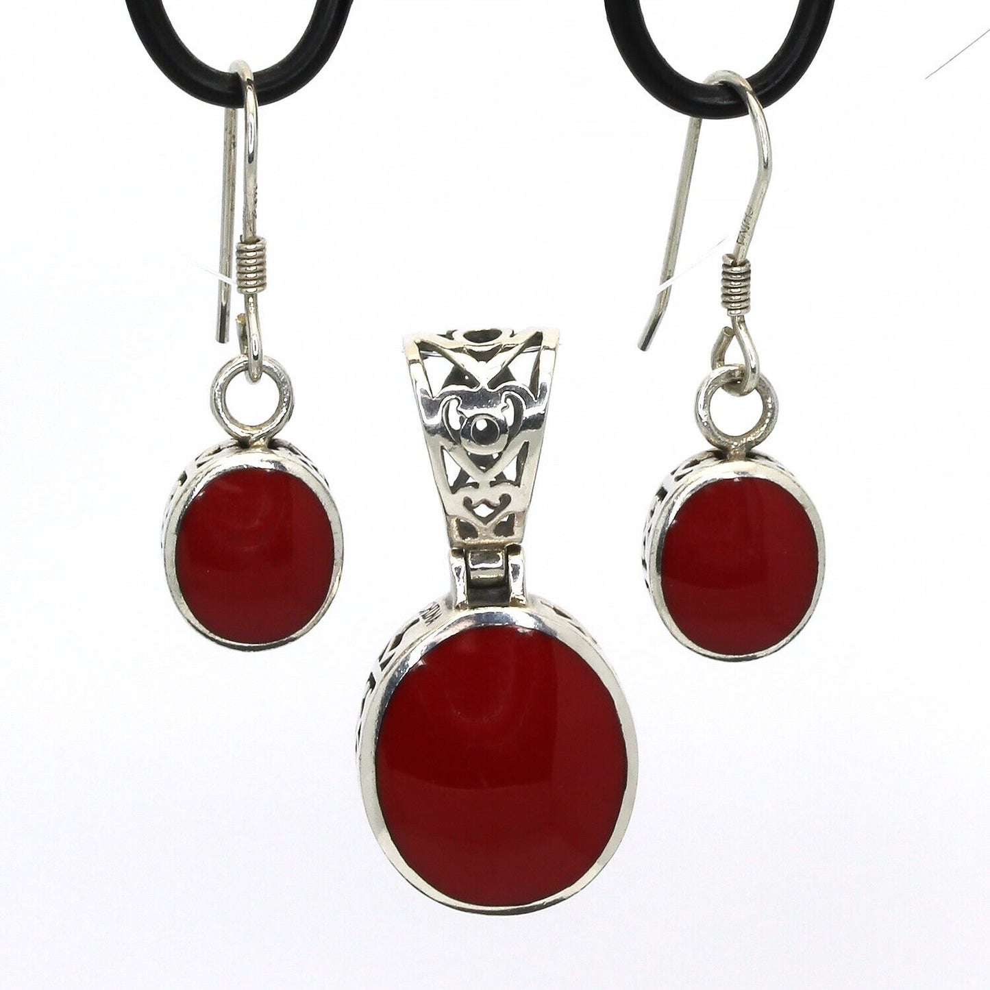 Retired Silpada Sterling Silver Oval Red Inlay Pendant Earrings Set S1300 W1298