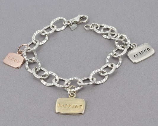 GK Designs Sterling Hammered Oval Link Bracelet with INSPIRE LOVE FRIEND Charms