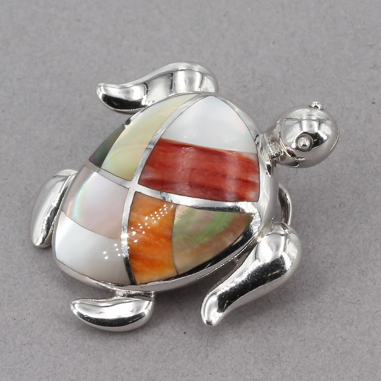 Sterling Silver Mother of Pearl & Spiny Oyster Shell Inlay Turtle Slide Pendant