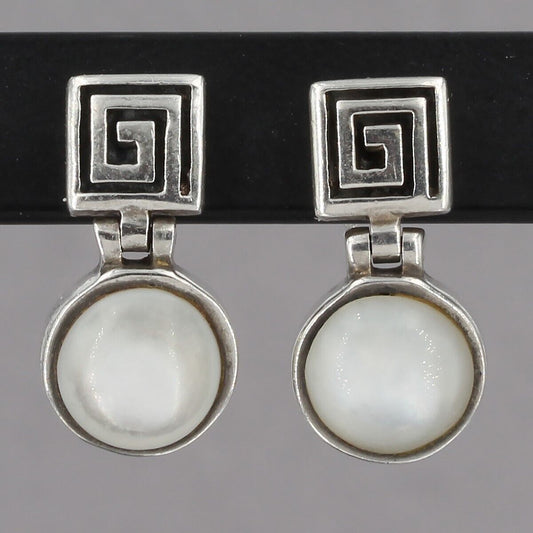 Vintage Silpada Sterling Silver Greek Key Mother of Pearl Drop Earrings P0579