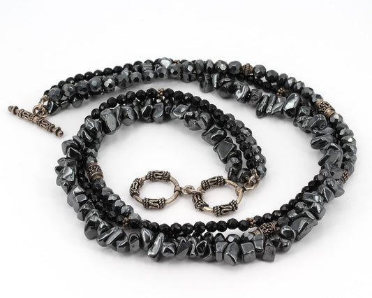 Vintage Silpada Sterling 3-Strand Hematite & Black Onyx Bead Necklace N1094
