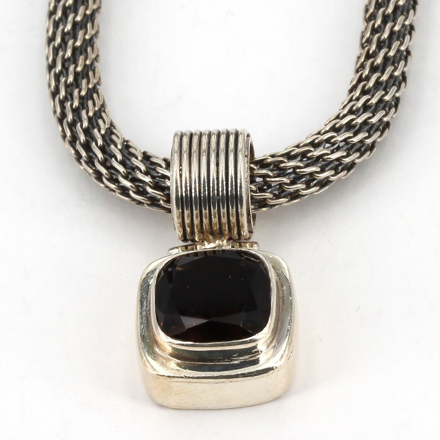 Handcrafted Lori Bonn Sterling Silver Smoky Quartz Pendant Mesh Chain Necklace