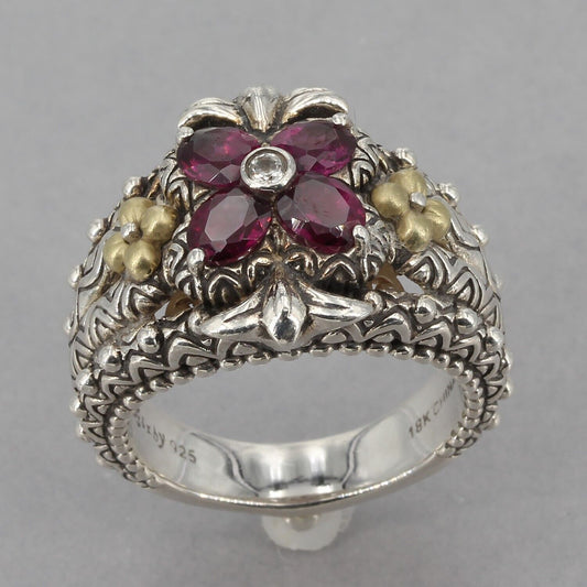 Barbara Bixby Sterling Silver & 18K Gold Rhodolite Garnet Lotus Flower Ring Sz 8