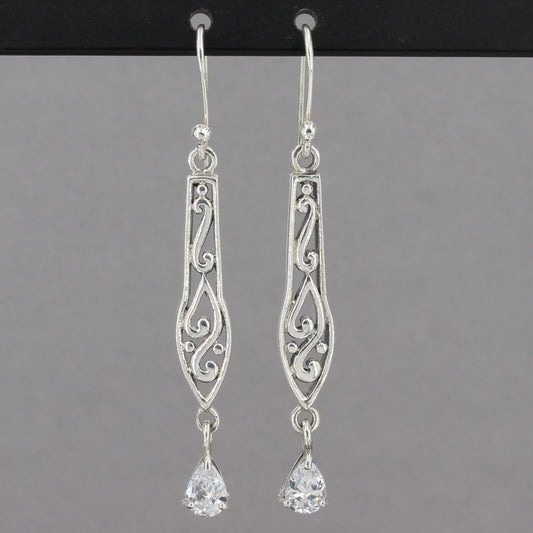 Vintage Silpada Sterling Silver Filigree Scroll CZ Drop Dangle Earrings W1080