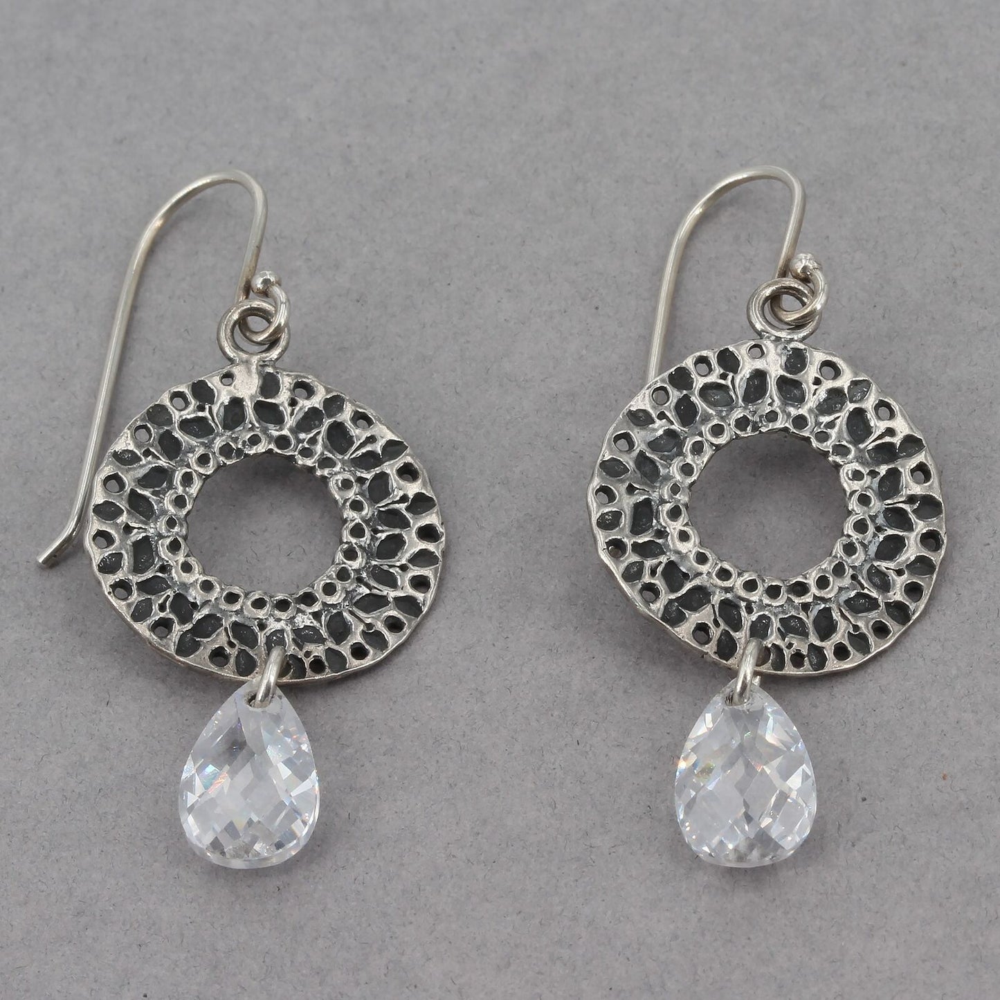 Retired Silpada Textured Sterling Circle with CZ Briolette Dangle Earrings W1520