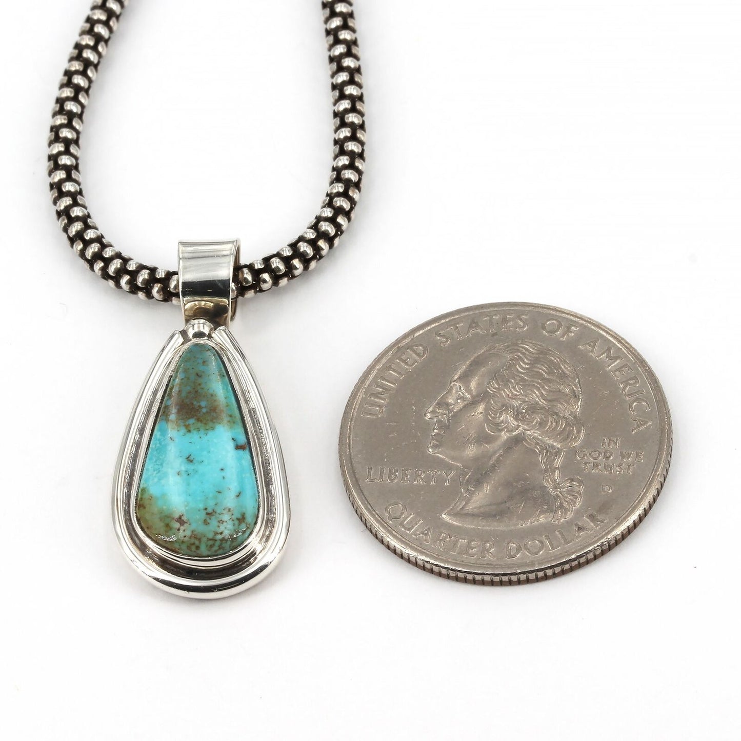 Sterling Silver Turquoise Teardrop Pendant 21" Popcorn Chain Necklace