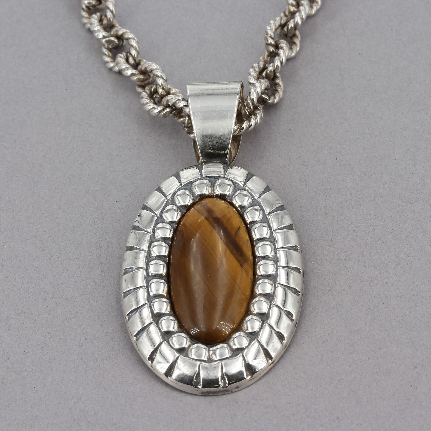 Carolyn Pollack Heavy Sterling Cable Link Chain Necklace with Tigers Eye Pendant