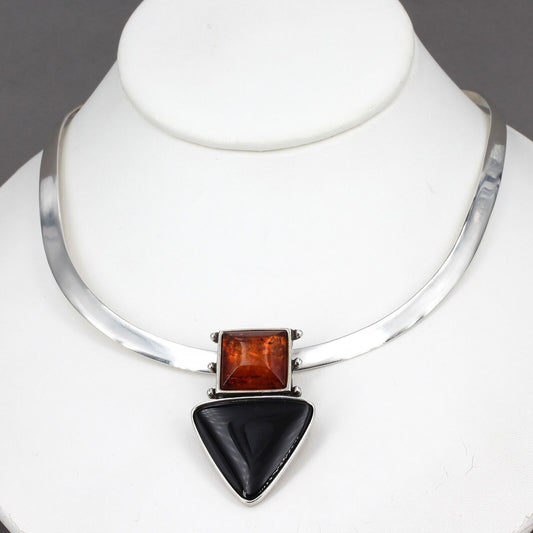 Sterling Silver Flat Formed Collar Necklace with Amber & Onyx Pin Slide Pendant