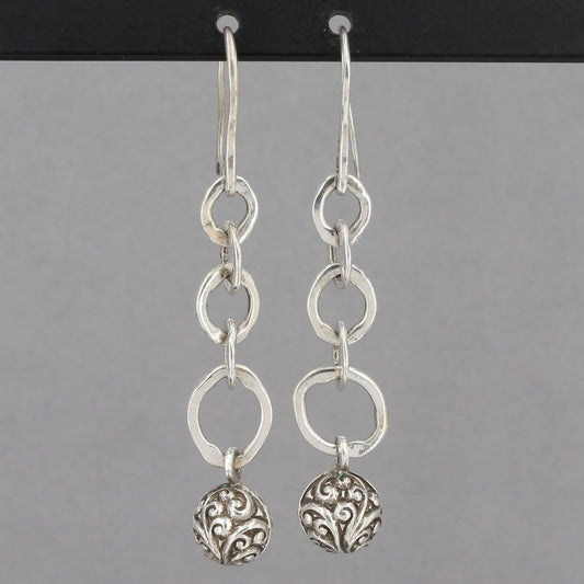 Lois Hill Sterling Silver Chain Link Scroll Design Ball 2-3/8" Dangle Earrings