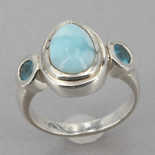 Marahlago Sterling Silver Caribbean Larimar Atlantic Blue Topaz Ring Size 7.75+