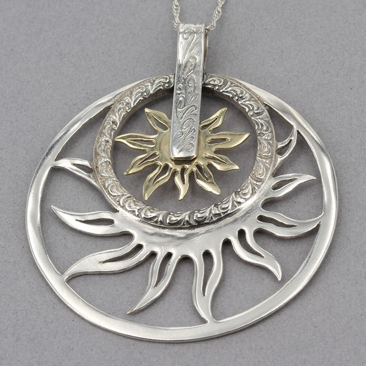 Prodesso Israel Sterling & 14K Gold Rotating Sunburst Design Pendant Necklace