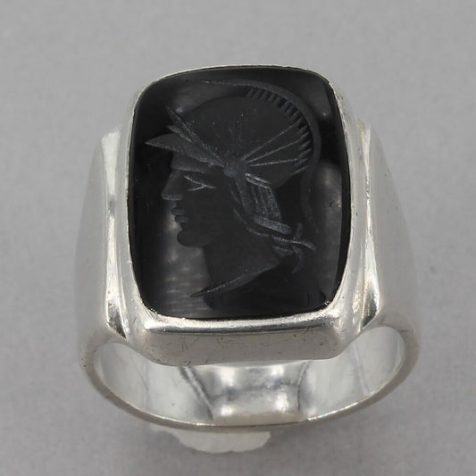 Antique Sterling Silver Carved Centurion Intaglio Black Onyx Ring Size 7+