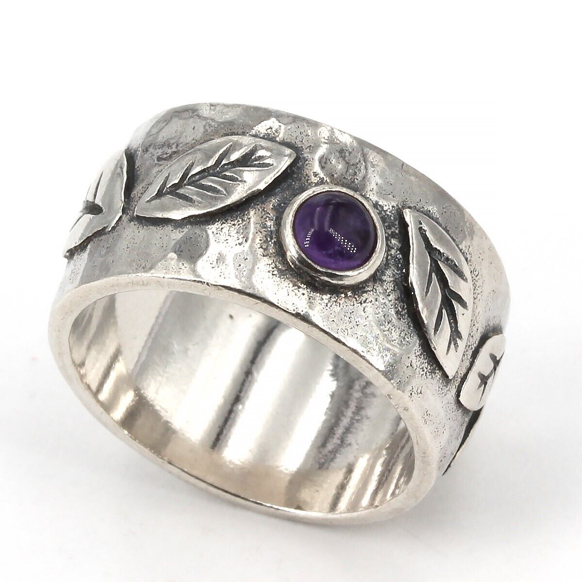 Retired Silpada Sterling Textured Leaf Amethyst Cabochon Band Ring R1445 Sz 6.75