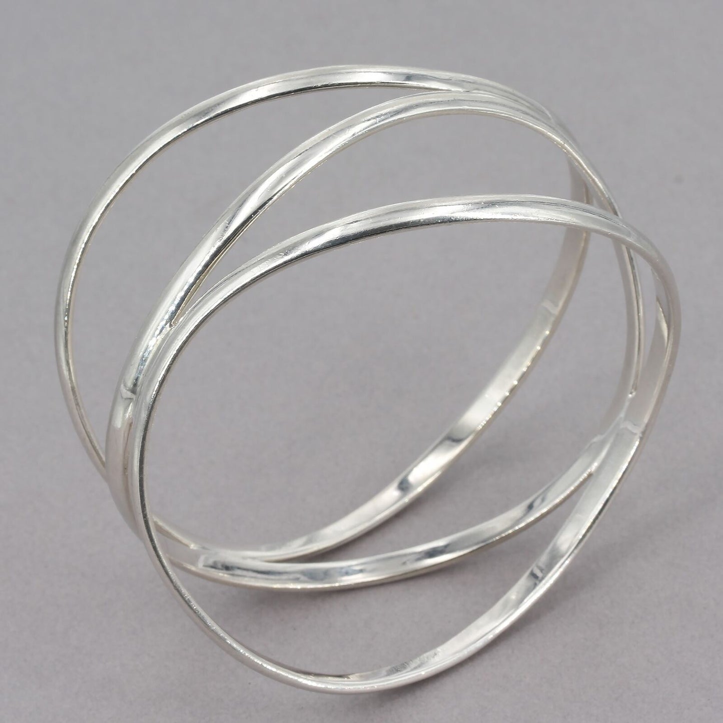 Sterling Silver Wavy Contoured 3-Row Wide 8" Bangle Bracelet 41.2 Grams