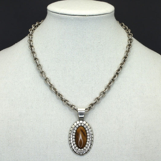 Carolyn Pollack Heavy Sterling Cable Link Chain Necklace with Tigers Eye Pendant