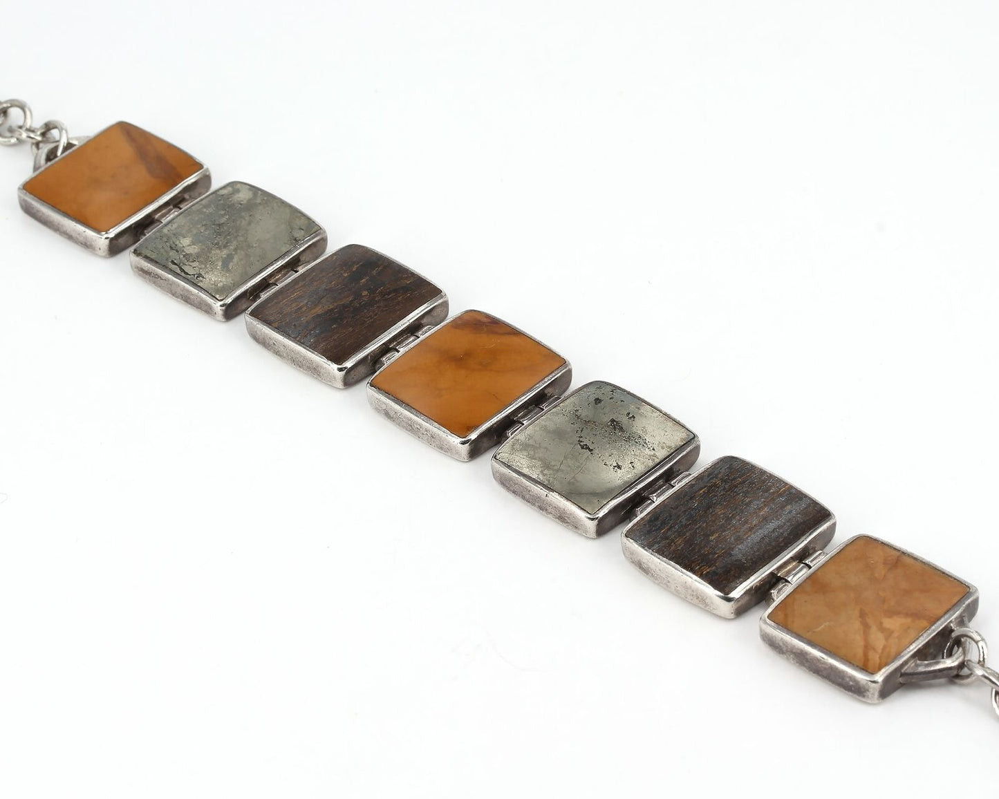 Vintage Silpada Sterling Silver Pyrite Bronzite Jasper Panel Link Bracelet B0999