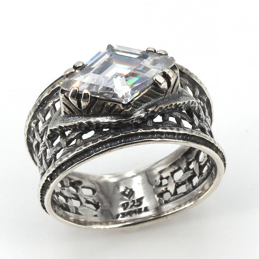 Retired Silpada Oxidized Woven Sterling Silver Rhombus Cut CZ Ring R1737 Sz 9.75