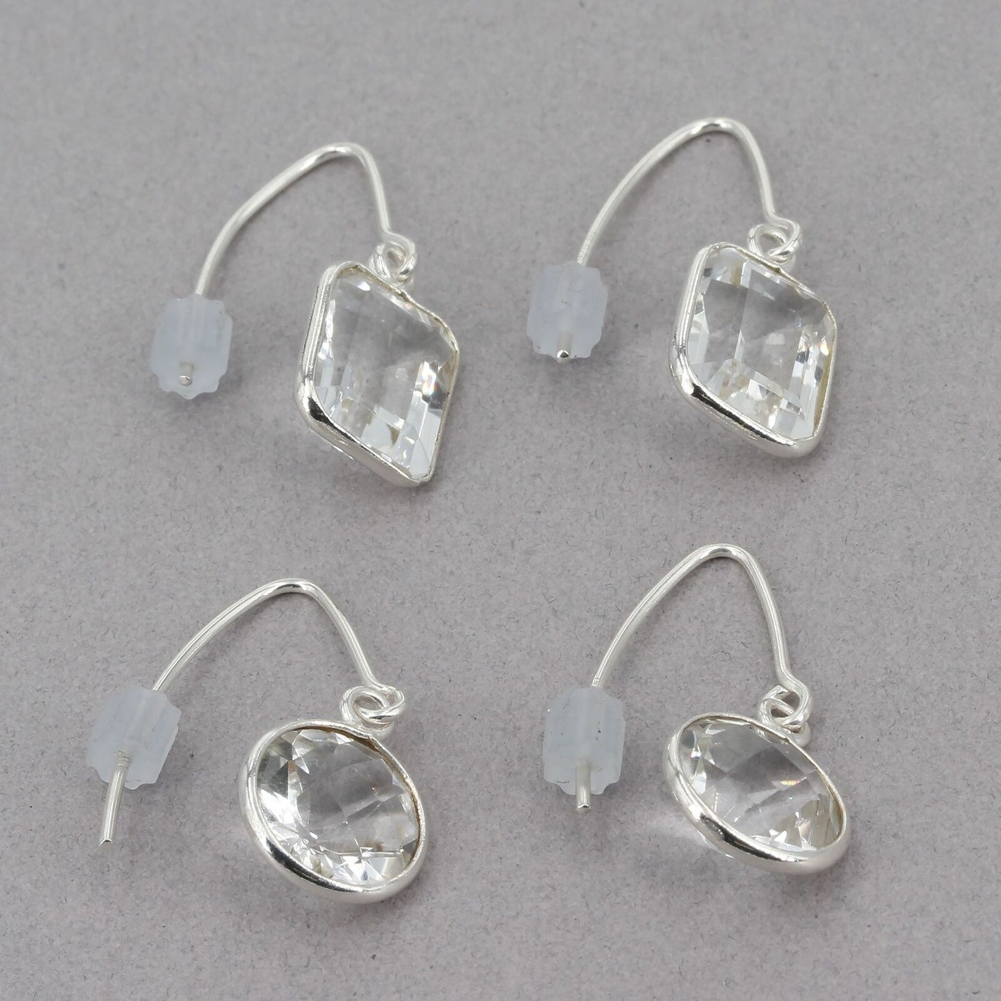 2 Pair Sterling Silver Herkimer Quartz Dangle Earrings ~ Round & Emerald Cut