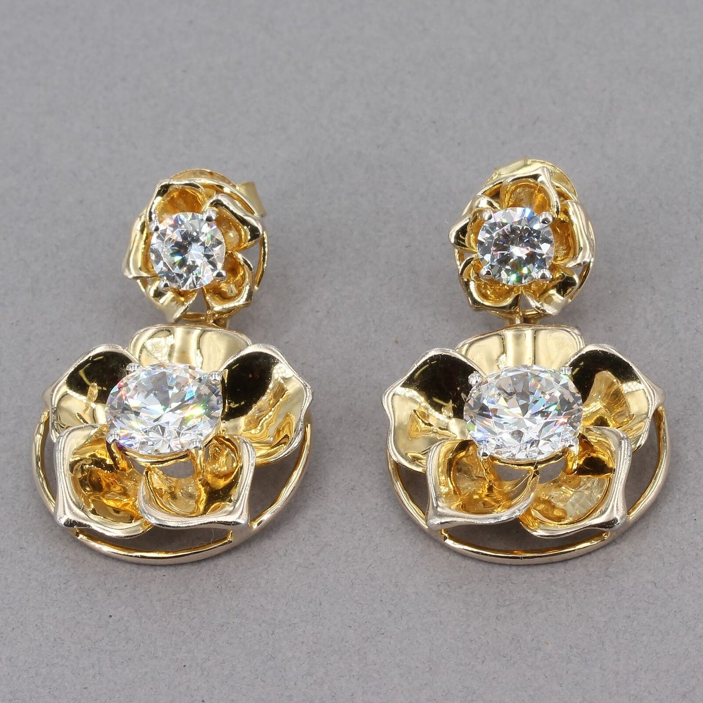 Gold Plated Sterling Bold CZ Flower Dangle Earrings 7/8" x 1-3/8" 13.9 Grams