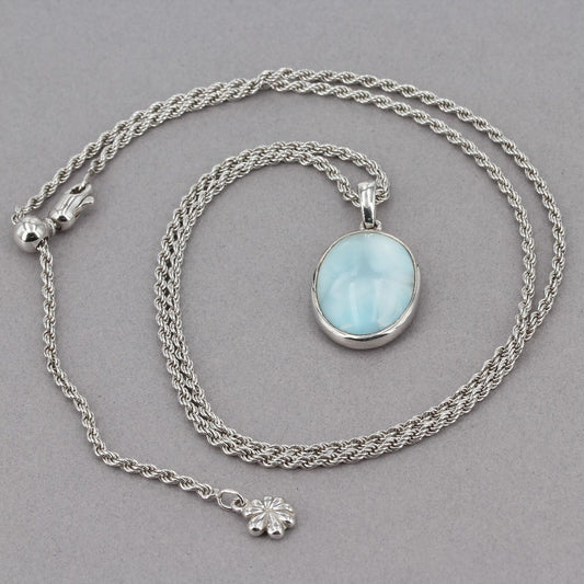 Marahlago Sterling Silver Larimar Oval Pendant Adjustable Rope Chain Necklace