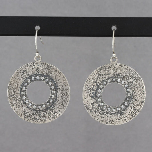 Retired Silpada Textured Sterling Silver CZ Circle Disc Dangle Earrings W1871