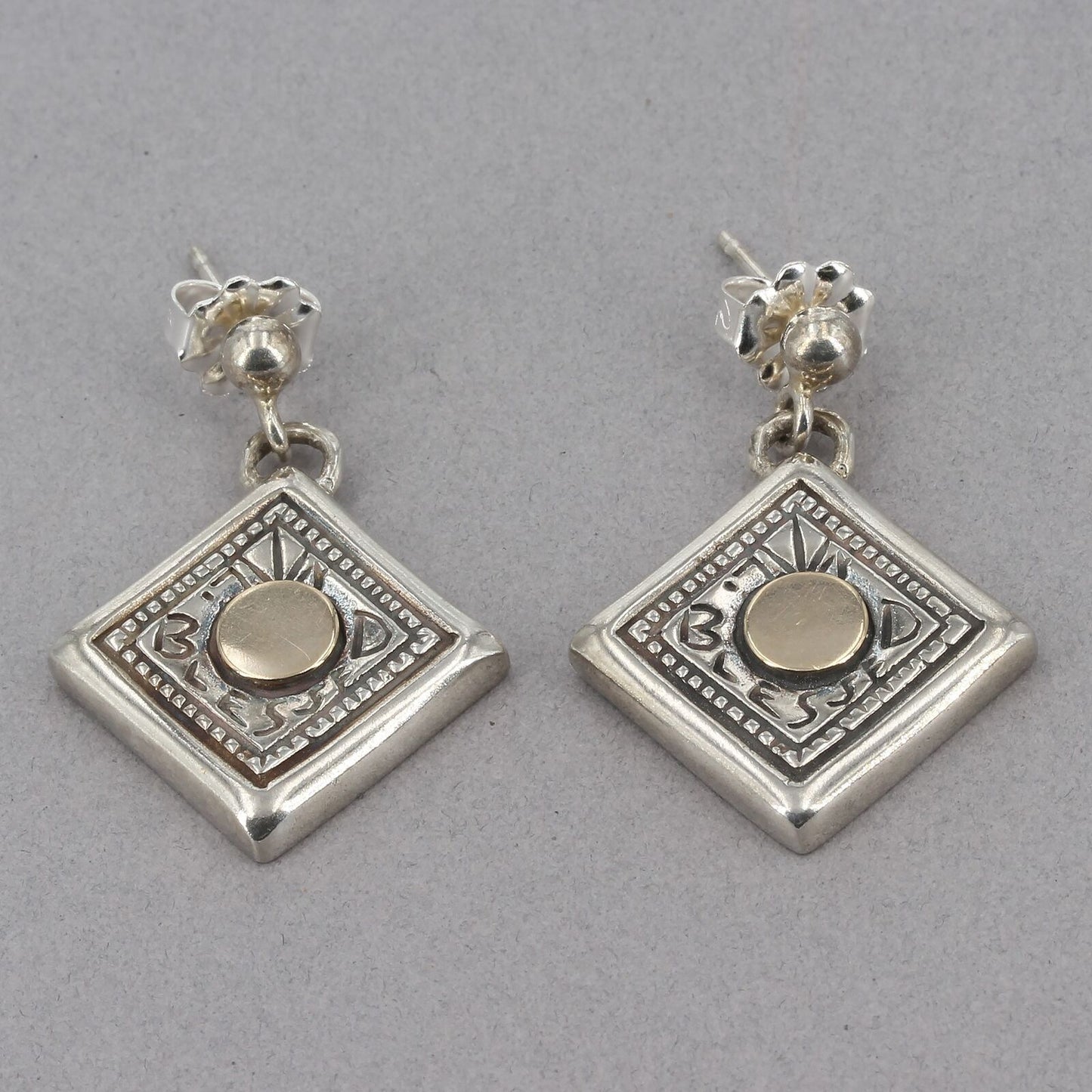 YS Israel Sterling Silver with Gold Dot "BLESSED" Dangle Earrings