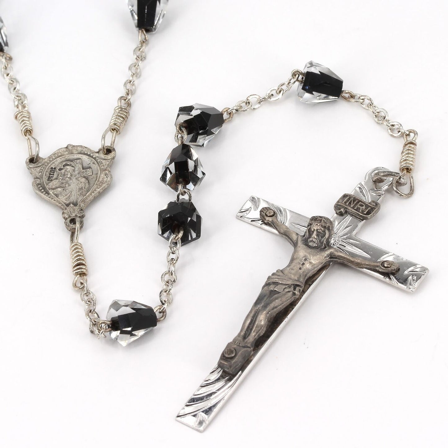 Vintage Sterling Catholic 5-Decade Rosary with Black & Clear Cased Glass Beads